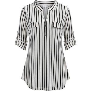 Women's 3/4 Sleeve Plaid Shirts Zip Floral Casual Tunic Blouse Tops